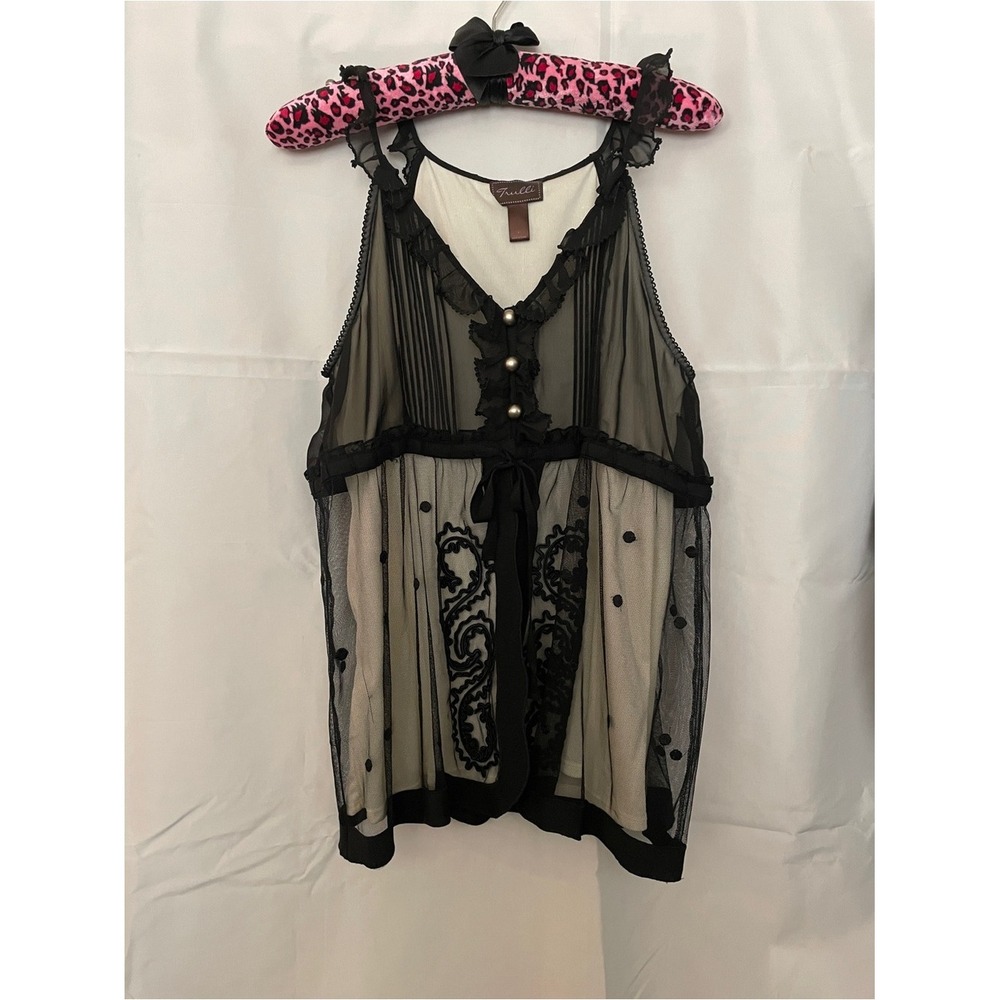 Trulli L Sheer Black Embroidered Whimsy Goth Tank Buttons Polka Dot Bow Tie